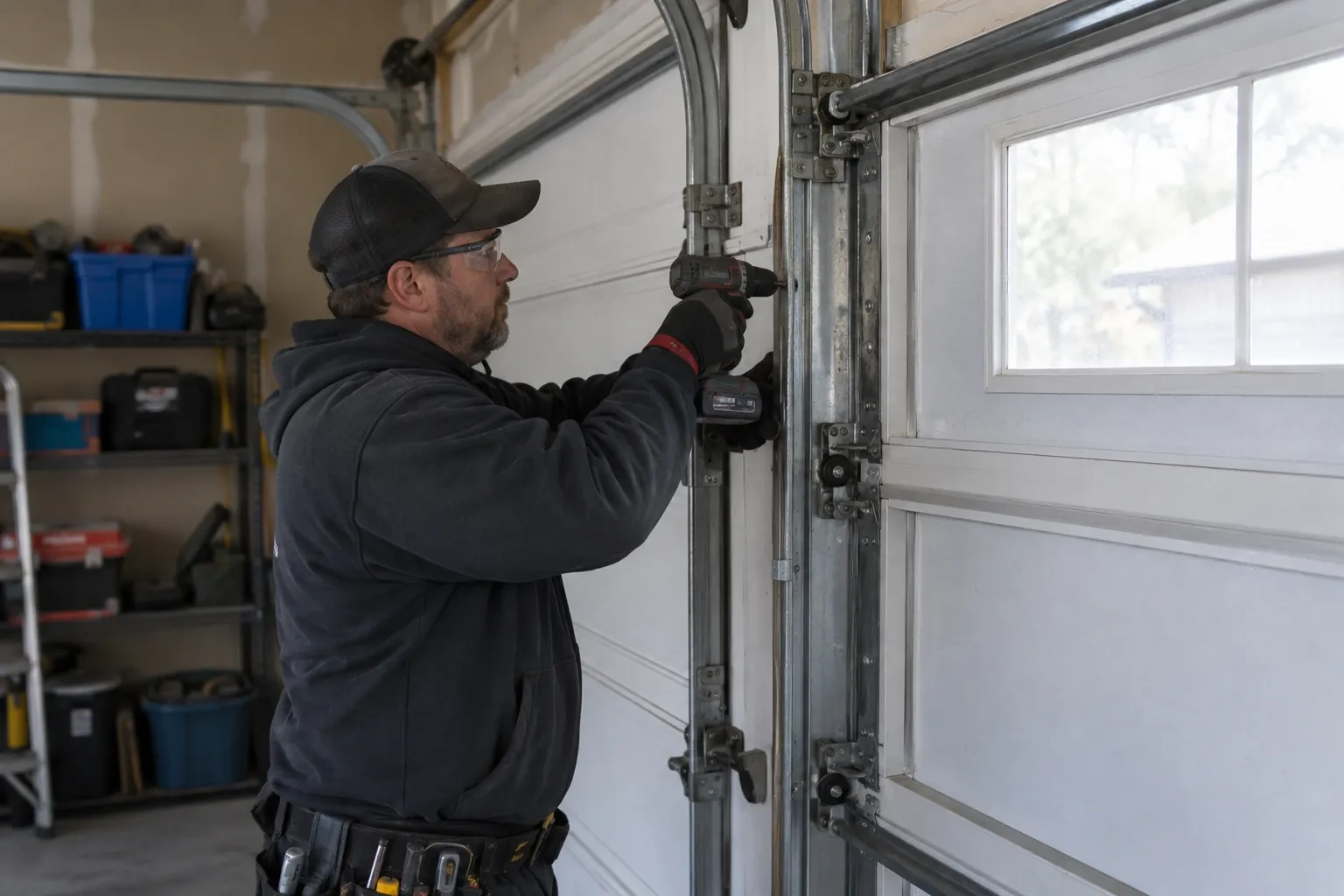 Illustrative garage doors scene; not an actual job