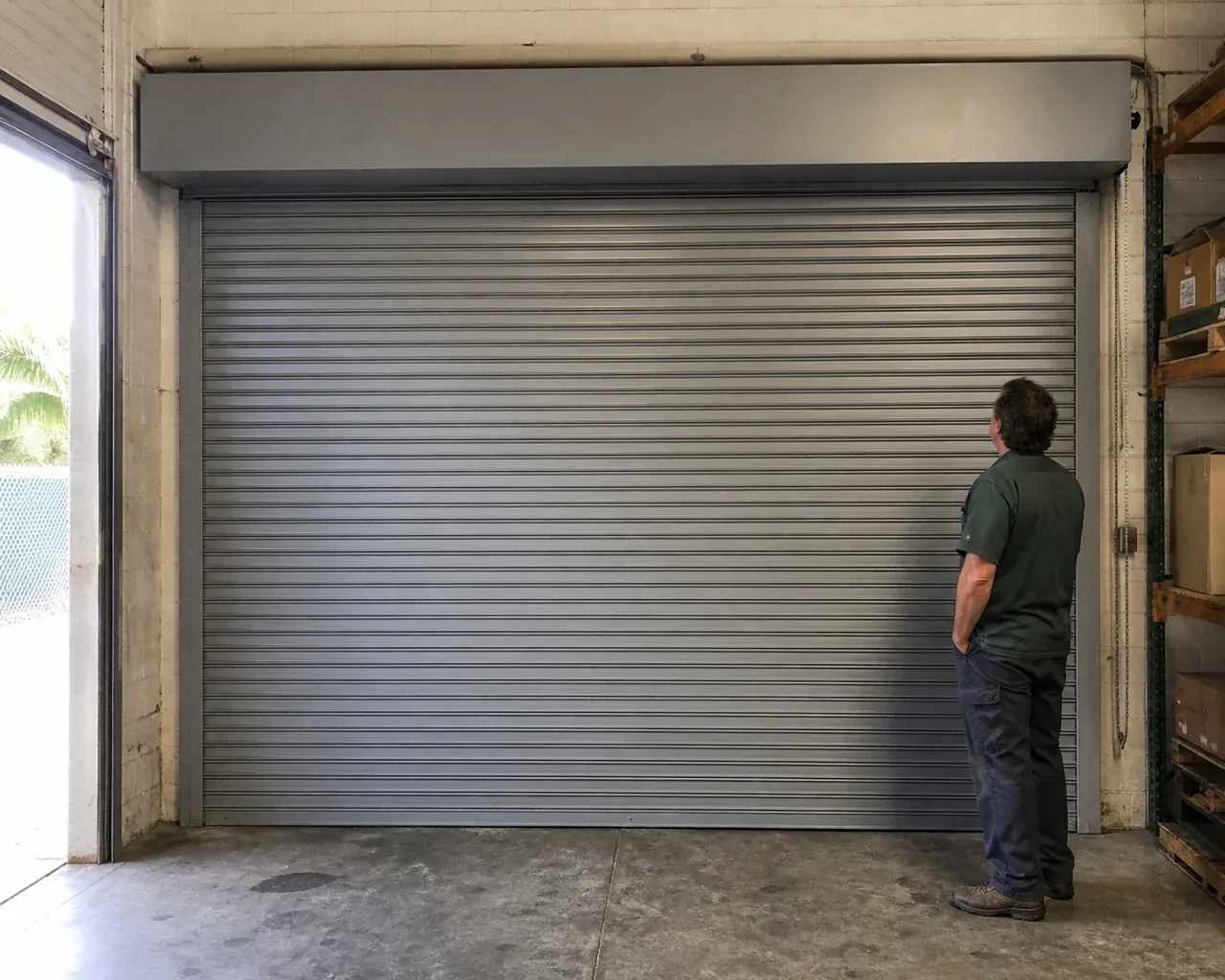 A person examines a closed metal rolling door with narrow horizontal slats, side guides and an overhead hood in a warehouse. — Commercial Rolling Door Repair, Kitchener