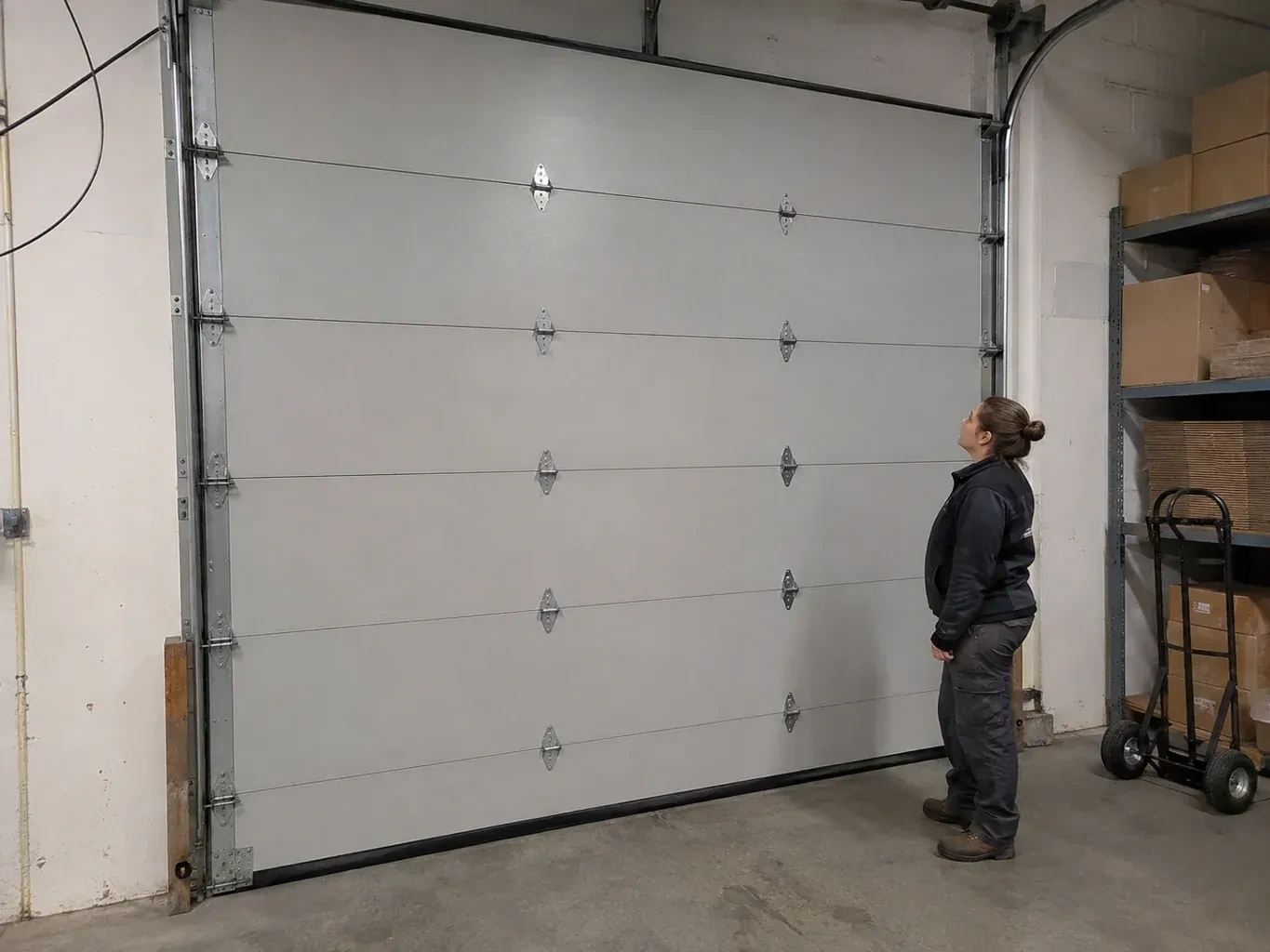 A person looks at a tall closed sectional door with broad panels, hinges and side tracks in a warehouse. — Commercial Sectional Door Repair, Kitchener