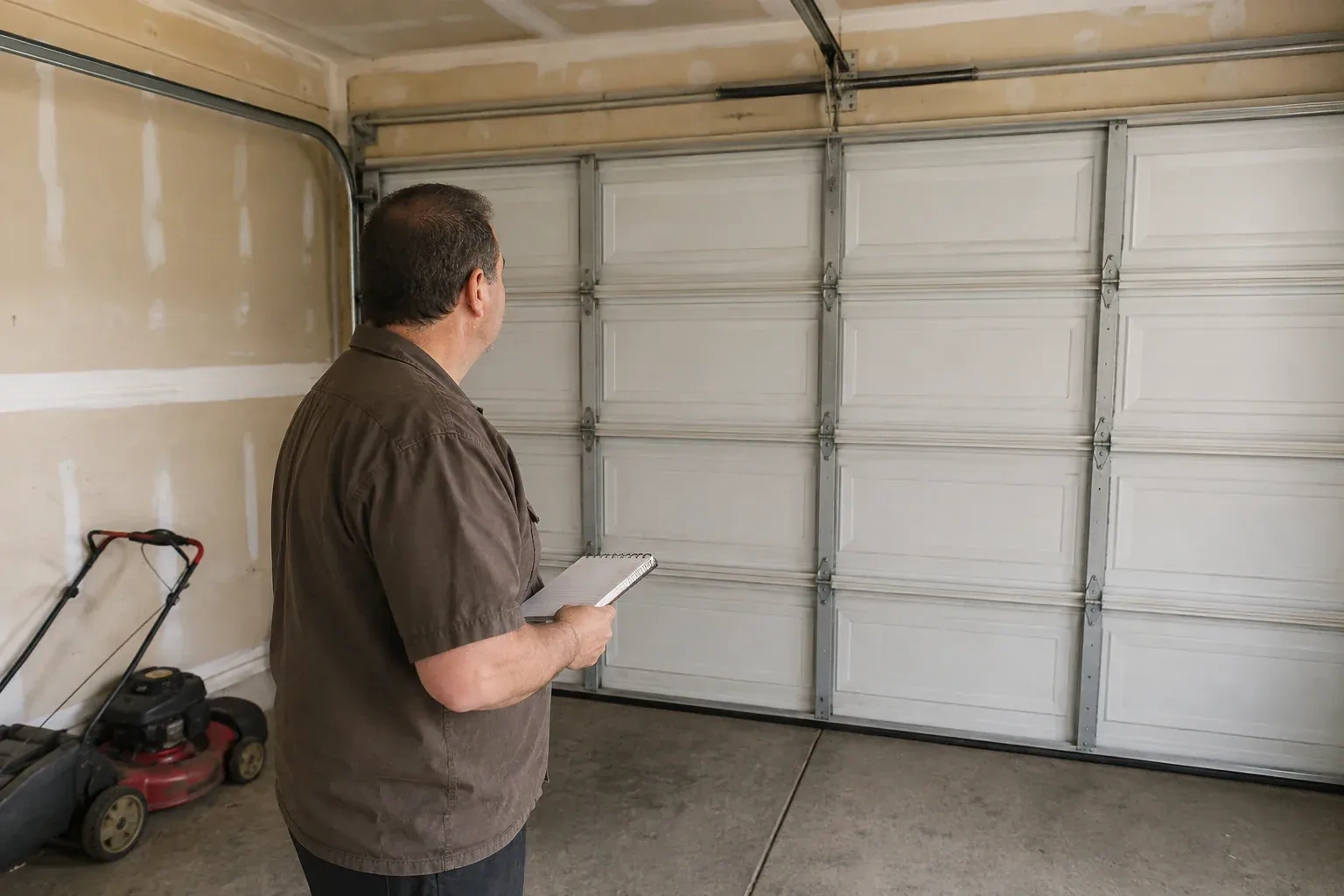 Technician holding a notebook while looking at a closed sectional door. — Garage Door Balance Adjustment, Heritage Park