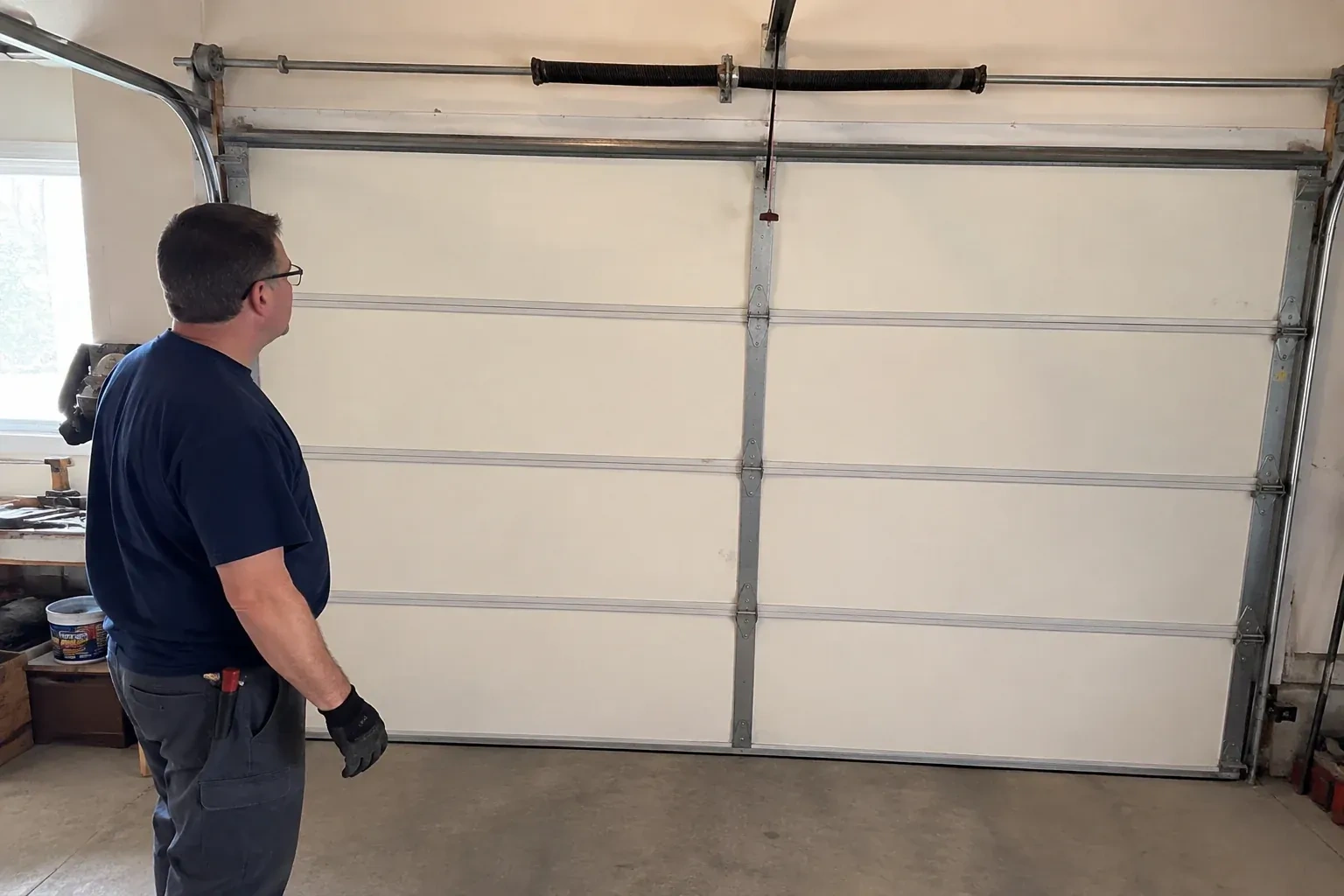 Illustrative garage doors scene; not an actual job — Off-Track Garage Door Reset, Kitchener