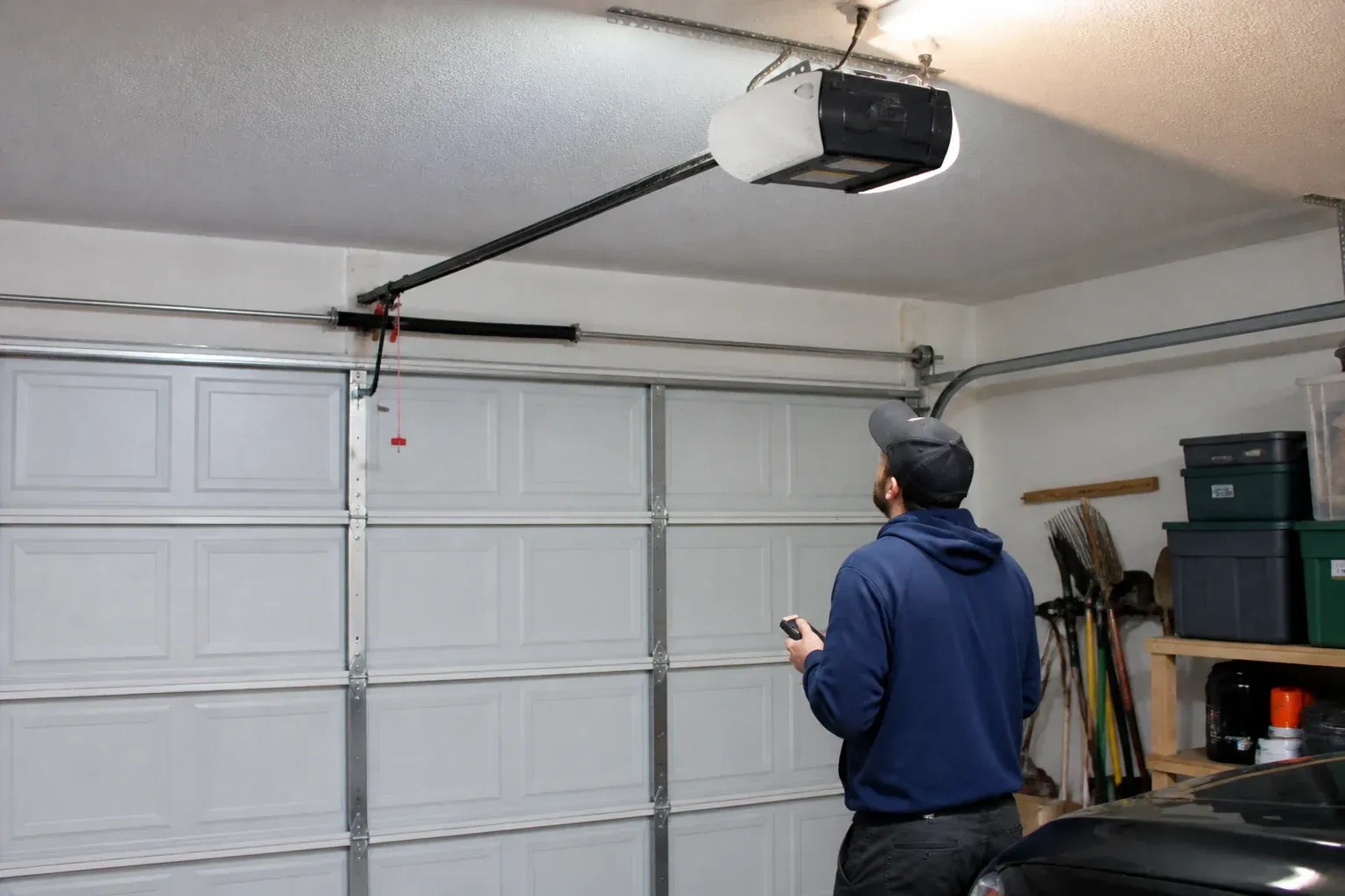 A person holding a remote looks toward an overhead garage-door opener and rail. — Garage Door Opener Diagnosis and Repair, Kitchener