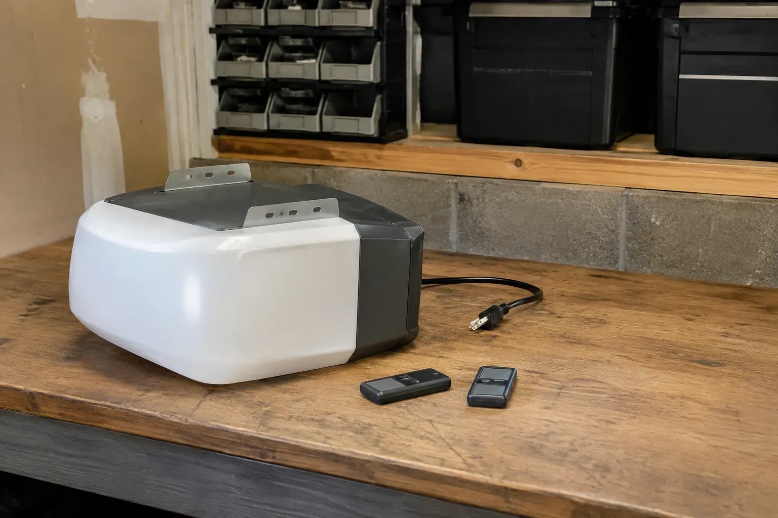 Detached opener housing and two remotes on a garage bench. — Garage Door Opener Replacement, Kitchener
