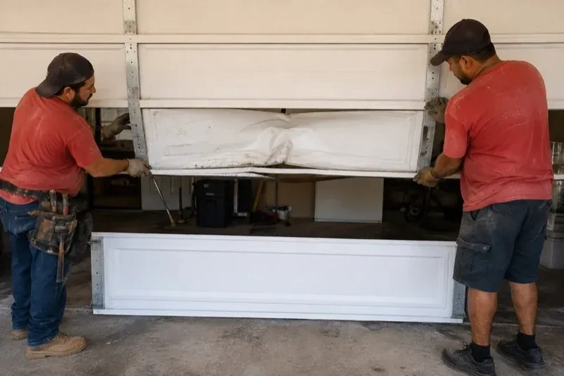 Two people holding a dented lower garage-door section above a separate white panel resting on the ground. — Garage Door Panel Replacement, Rosemount