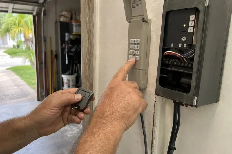 Hands holding a small remote and pressing a wall-mounted keypad beside an open control box with visible wiring. — Garage Door Remote and Keypad Programming, Kitchener
