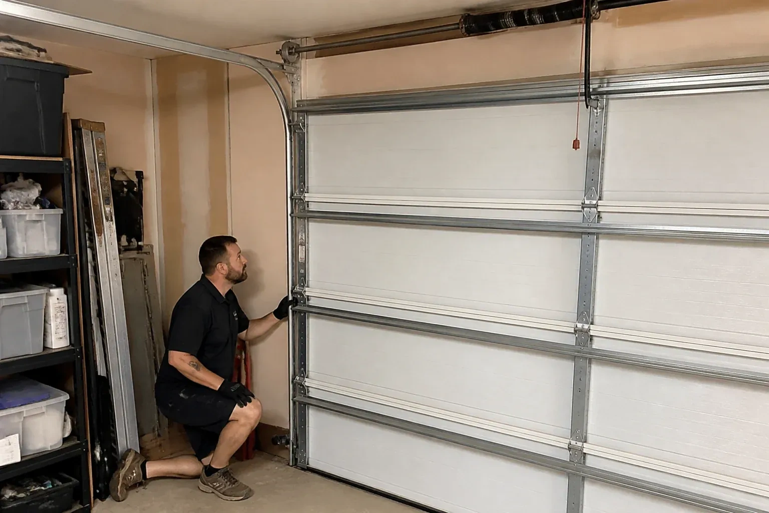 A person examines the vertical side track of a closed garage door. — Garage Door Track Repair or Replacement, Kitchener