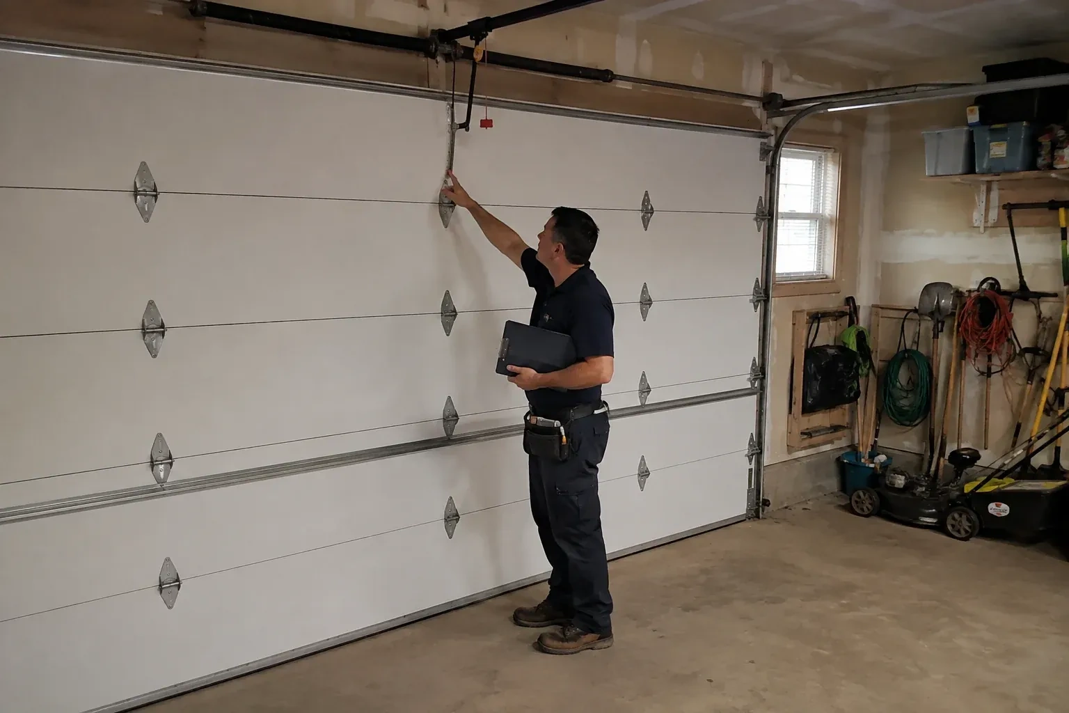 A person holding a clipboard examines the interior hardware of a closed garage door. — Garage Door Tune-Up, Kitchener