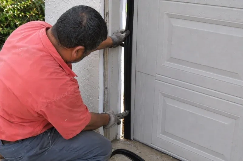 Gloved person holding a black strip along the side of a sectional garage-door opening — Garage Door Perimeter Weatherstrip, Kitchener