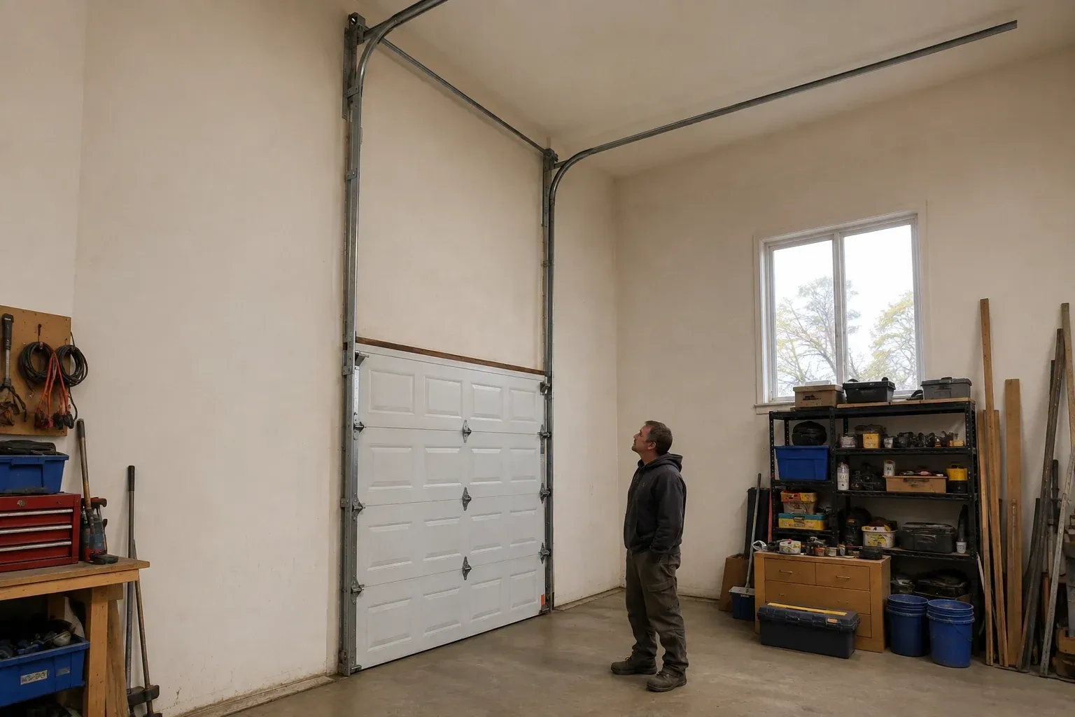 Vertical tracks extend above a closed garage door before curving near a high ceiling, while a person looks upward. — High-Lift Garage Door Conversion, Kitchener