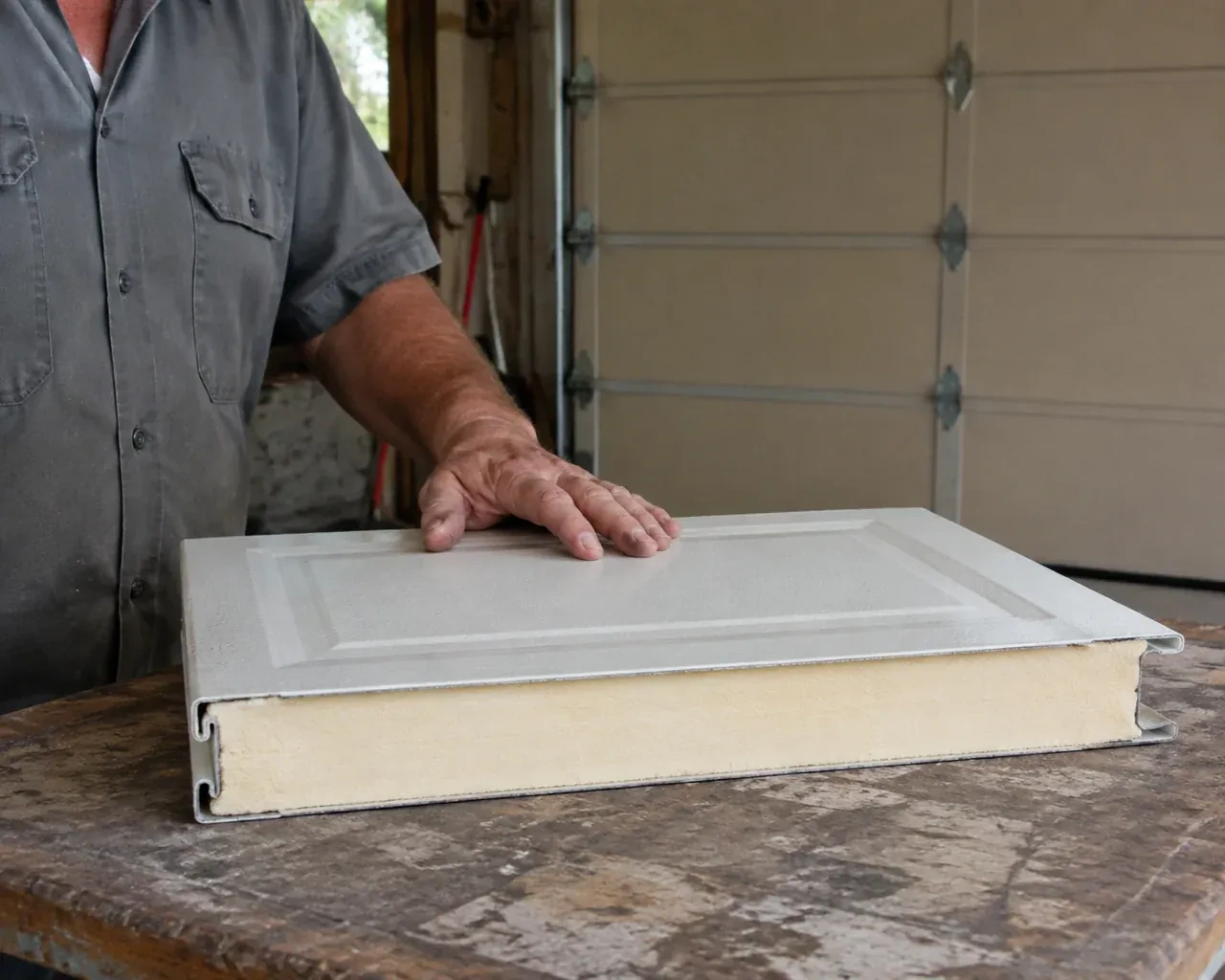 A panel sample exposes a cream foam core between thin metal faces on a garage workbench. — Insulated Steel Garage Door Installation, Kitchener