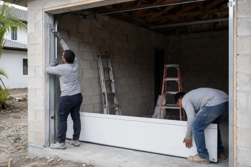 Two people positioning a white garage-door panel and side track in an unfinished masonry garage. — New-Construction Garage Door Installation, Kitchener