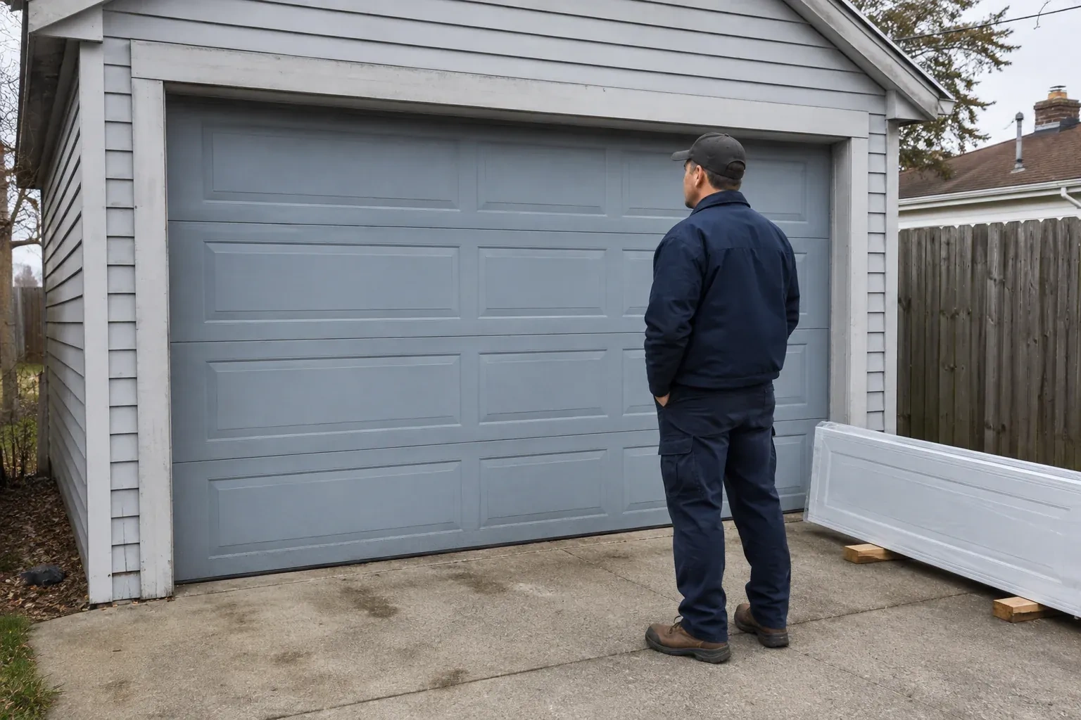 A person examines a blue-grey sectional garage door with a packaged door panel resting beside the driveway. — Sectional Garage Door Replacement, Kitchener